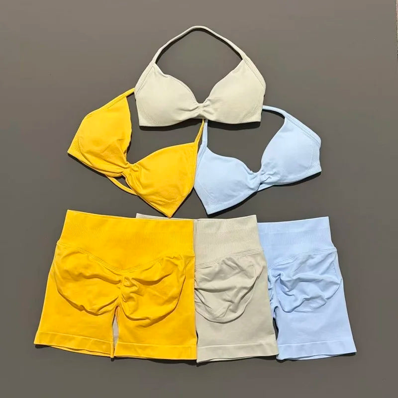 2 Pieces Yoga Gym Set Women Seamless Strappy Yoga Bra High Waist Workout Scrunch Shorts Sports Set Fitness Clothes Sportswear