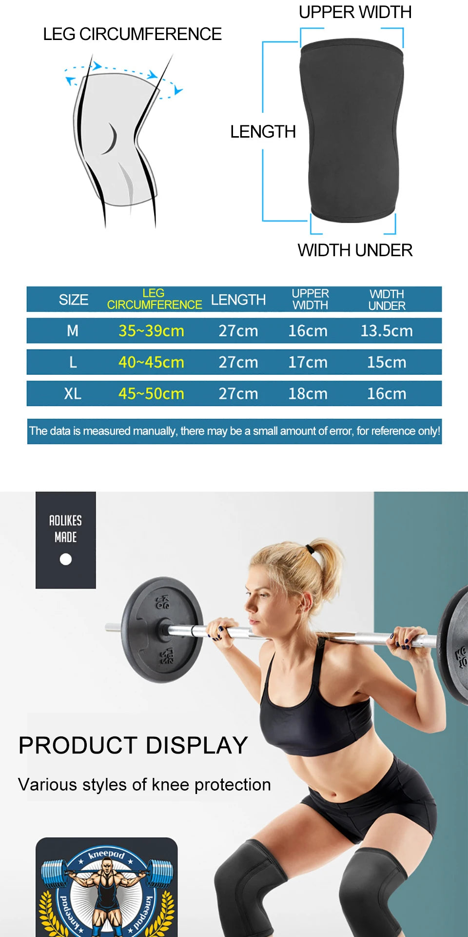 AOLIKES 1 Pair 7mm Neoprene Sports Kneepads Compression Weightlifting Pressured Crossfit Training Knee Pads Support Women Men